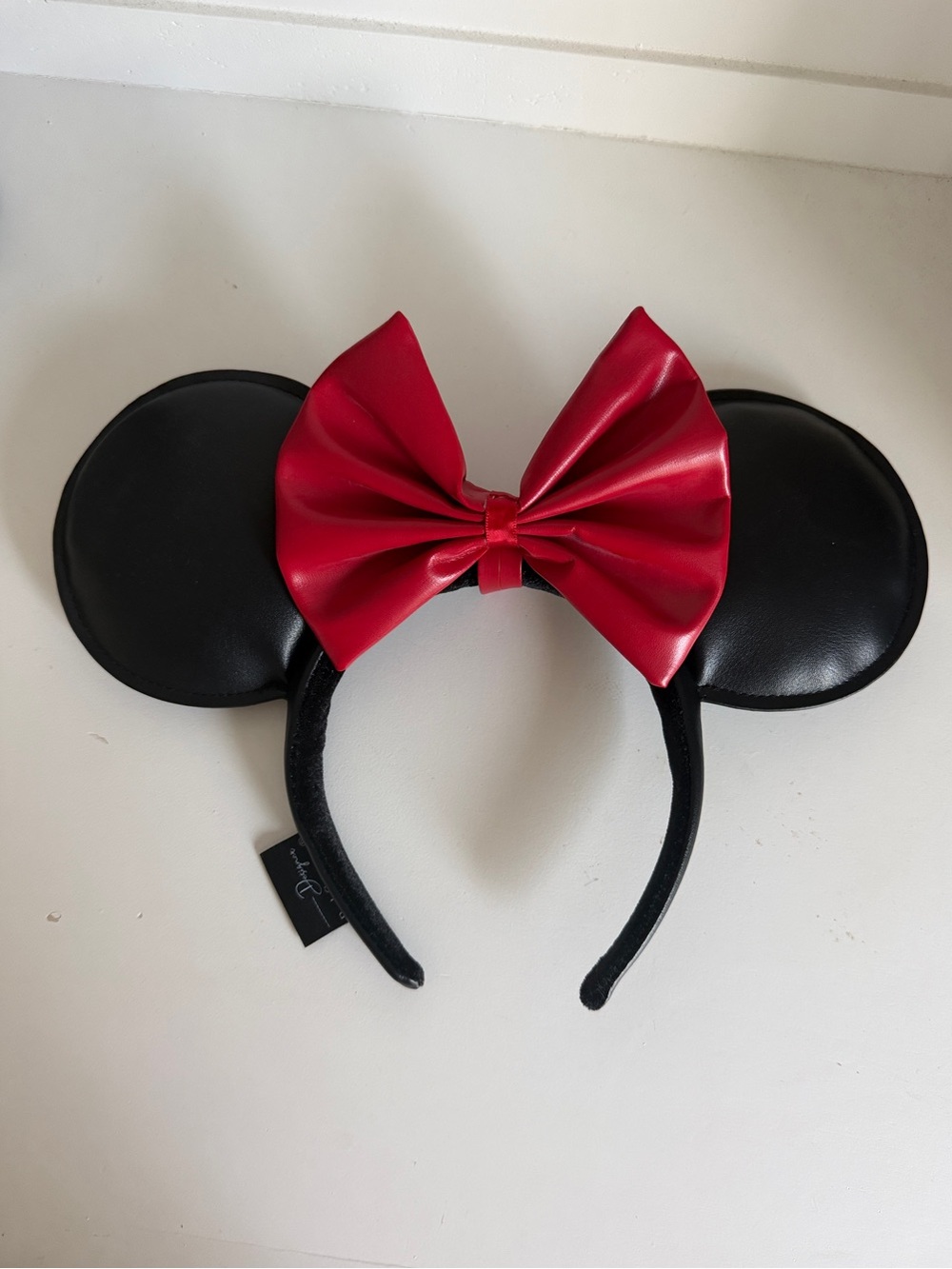 Leather Minnie Mouse Ear Headband with removable Red Bow